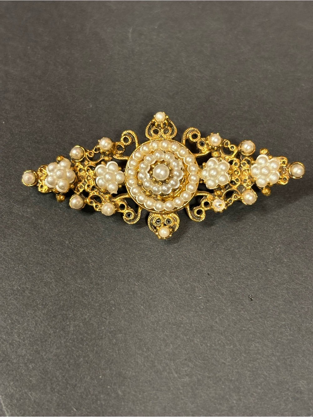 Vintage Florenza Elegant Gold Tone Floral Filigree Faux Pearl Brooch